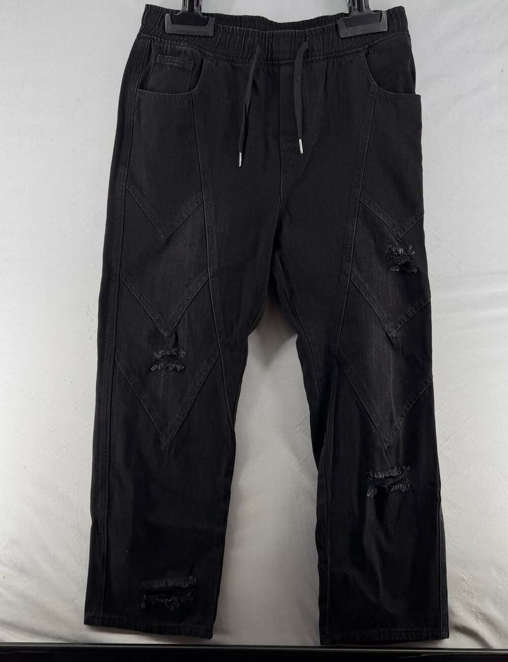 0226 Watson Men's Black Baggy Distressed Denim Pants Drawstring Waist Size 38